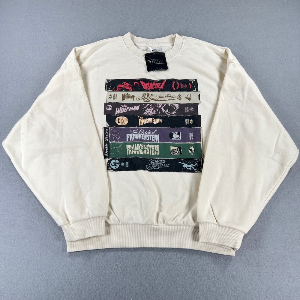 Universal Monsters VHS Tape Graphic Sweatshirt Off-White Horror Movie Small NEW